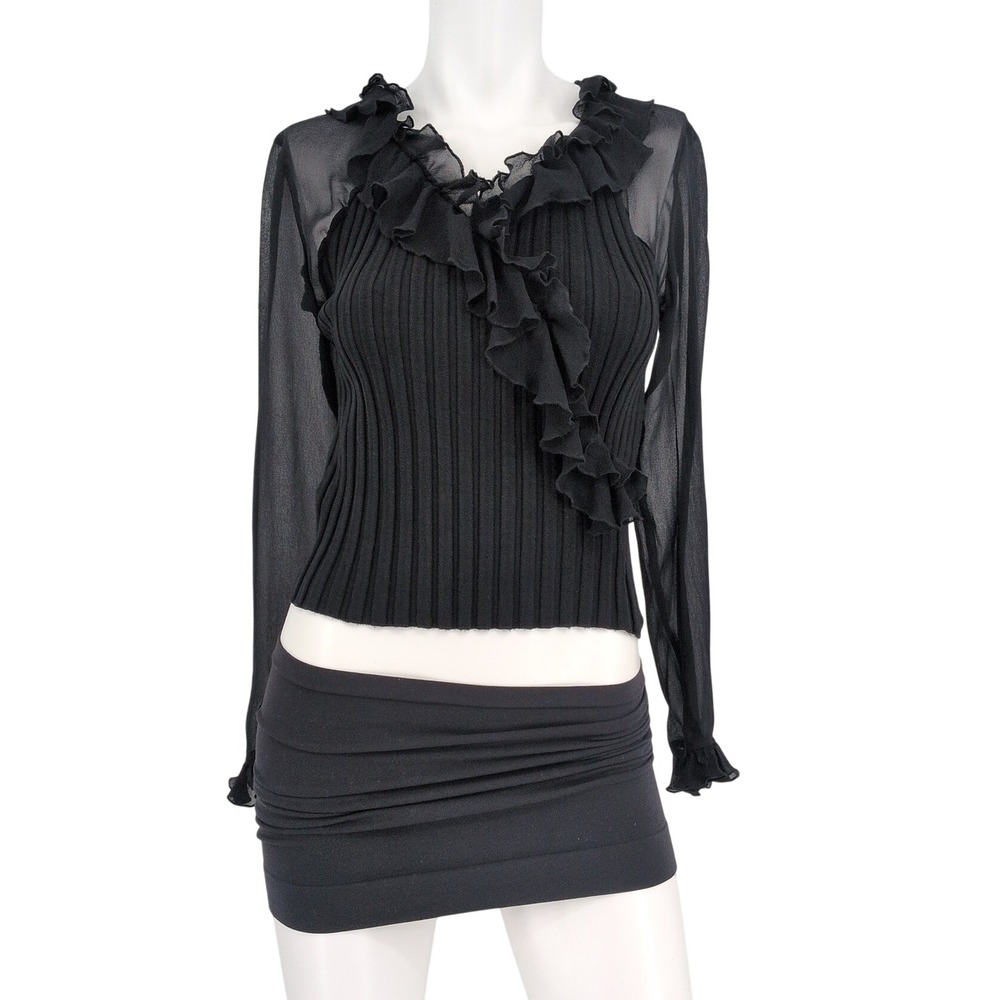 Vtg Y2K Silk Blend Knit Top Ruffle Sheer Flare Long Sleeve Fitted Romantic Small